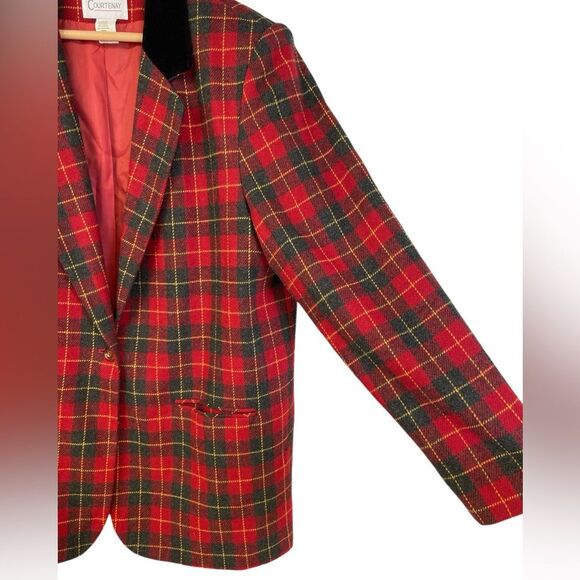 Vintage Courtenay Red and Black Plaid Lined Velvet Collar Blazer Size 16 - Picture 3 of 10